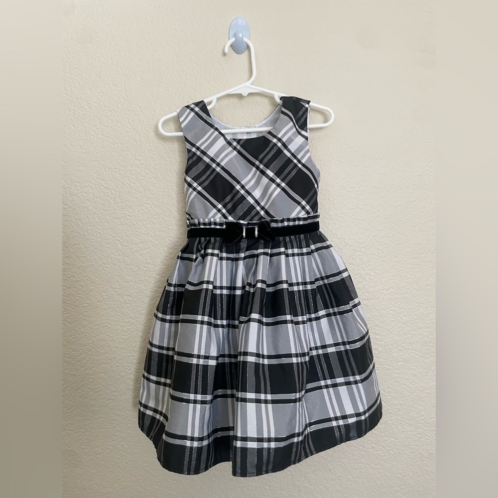 Jona Michelle Girls Black & Silver Plaid Party Dress w/ Velvet Bow